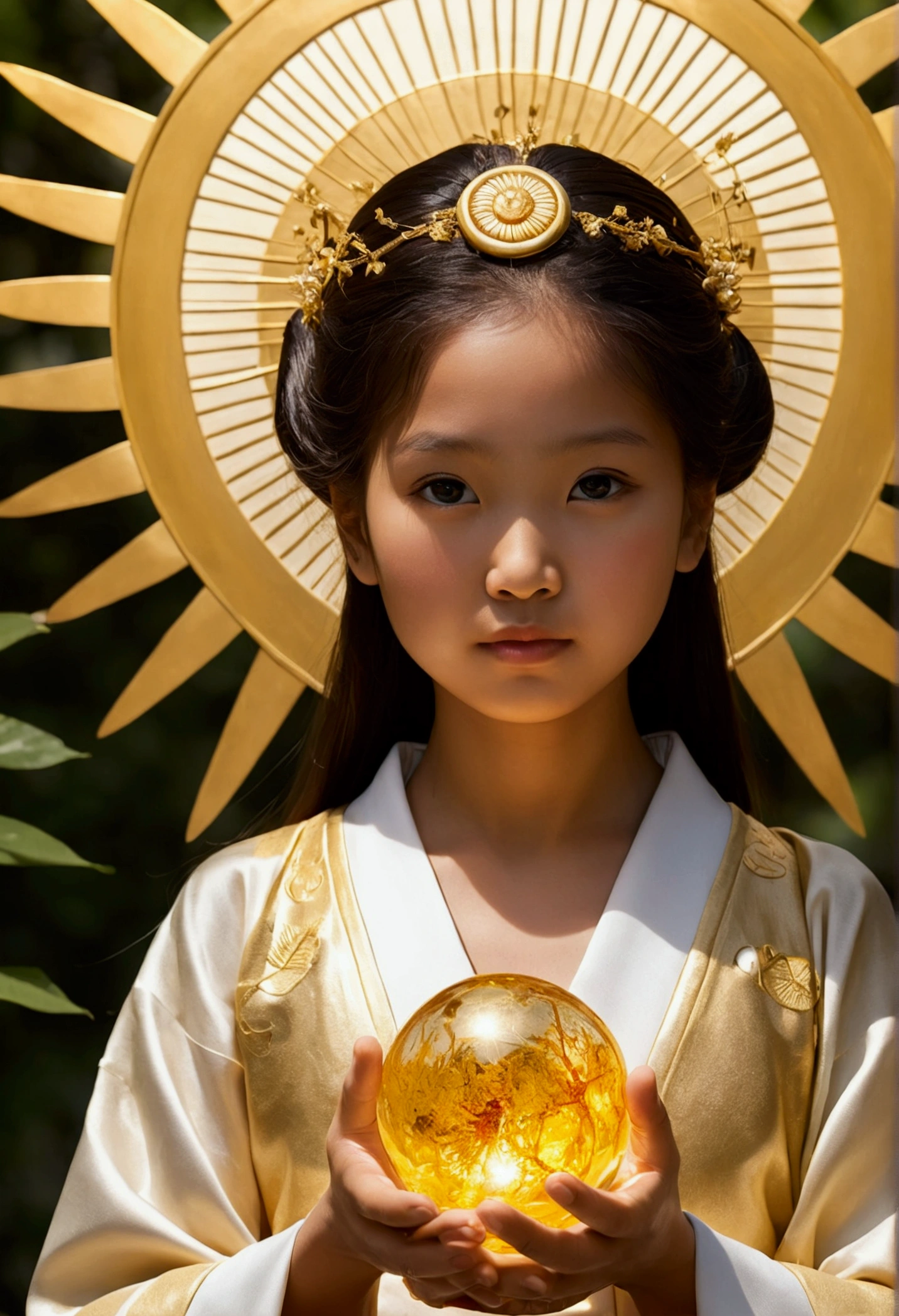 "Child of the Sun, Goddess of Love": Within a sacred sanctuary bathed in sunlight, depict the figure of a sun goddess who governs love, facing forward and emanating divine radiance. She is a , around 3 years old. Zoom in to focus on her face, with a gleaming orb of light in her hands, representing the life-giving power of the sun. Her hair is shimmering gold, and she is wearing a traditional miko outfit as seen in Japanese shrines. The background should be predominantly gold, evoking a sense of divine splendor, with numerous heart-themed objects expressing the beauty of love. The setting is in heaven, enveloped in soft, bright light, where one can find tranquility and peace of mind, free from any trace of anxiety.Straight-on.