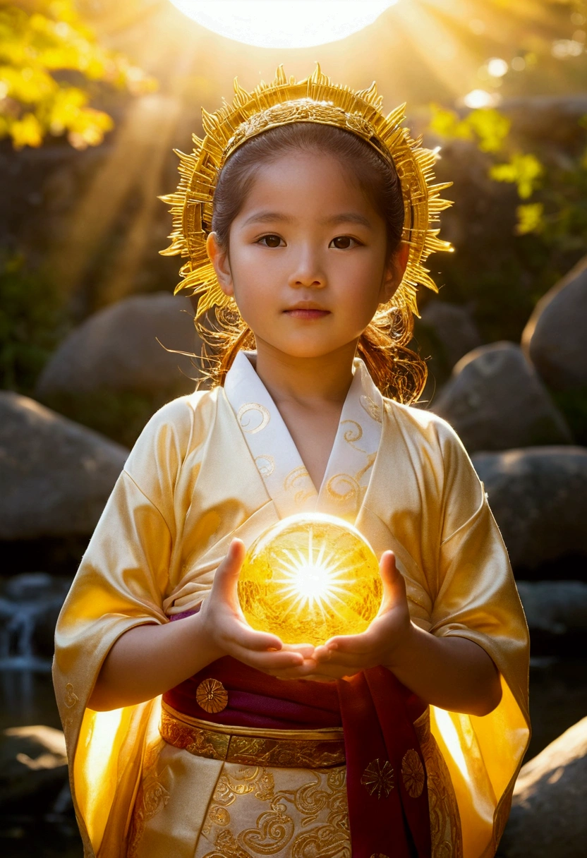"Child of the Sun, Goddess of Love": Within a sacred sanctuary bathed in sunlight, depict the figure of a sun goddess who governs love, facing forward and emanating divine radiance. She is a , around . Zoom in to focus on her face, with a gleaming orb of light in her hands, representing the life-giving power of the sun. Her hair is shimmering gold, and she is wearing a traditional miko outfit as seen in Japanese shrines. The background should be predominantly gold, evoking a sense of divine splendor, with numerous heart-themed objects expressing the beauty of love. The setting is in heaven, enveloped in soft, bright light, where one can find tranquility and peace of mind, free from any trace of anxiety.Straight-on.