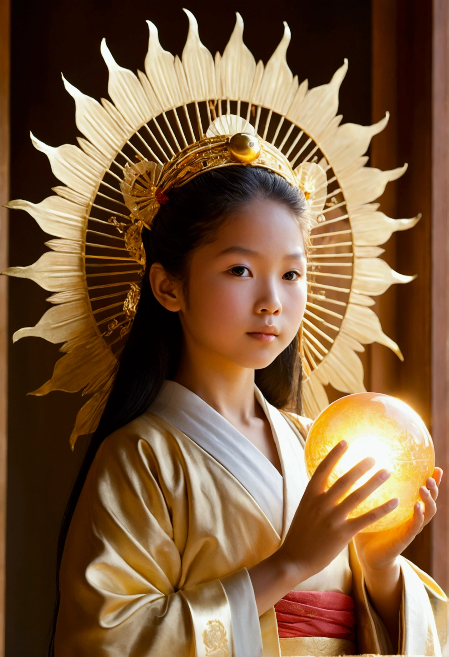 "Child of the Sun, Goddess of Love": Within a sacred sanctuary bathed in sunlight, depict the figure of a sun goddess who governs love, facing forward and emanating divine radiance. She is a , around 3 years old. Zoom in to focus on her face, with a gleaming orb of light in her hands, representing the life-giving power of the sun. Her hair is shimmering gold, and she is wearing a traditional miko outfit as seen in Japanese shrines. The background should be predominantly gold, evoking a sense of divine splendor, with numerous heart-themed objects expressing the beauty of love. The setting is in heaven, enveloped in soft, bright light, where one can find tranquility and peace of mind, free from any trace of anxiety.Straight-on.