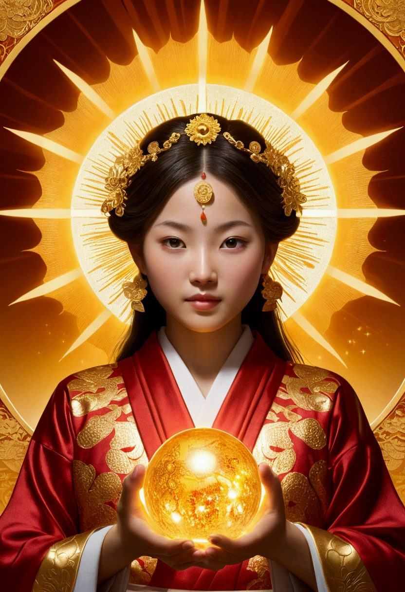 "Child of the Sun, Goddess of Love": Within a sacred sanctuary bathed in sunlight, depict the figure of a sun goddess who governs love, facing forward and emanating divine radiance. She is a , around 3 . Zoom in to focus on her face, with a gleaming orb of light in her hands, representing the life-giving power of the sun. Her hair is shimmering gold, and she is wearing a traditional miko outfit as seen in Japanese shrines. The background should be predominantly gold, evoking a sense of divine splendor, with numerous heart-themed objects expressing the beauty of love. The setting is in heaven, enveloped in soft, bright light, where one can find tranquility and peace of mind, free from any trace of anxiety.Straight-on.