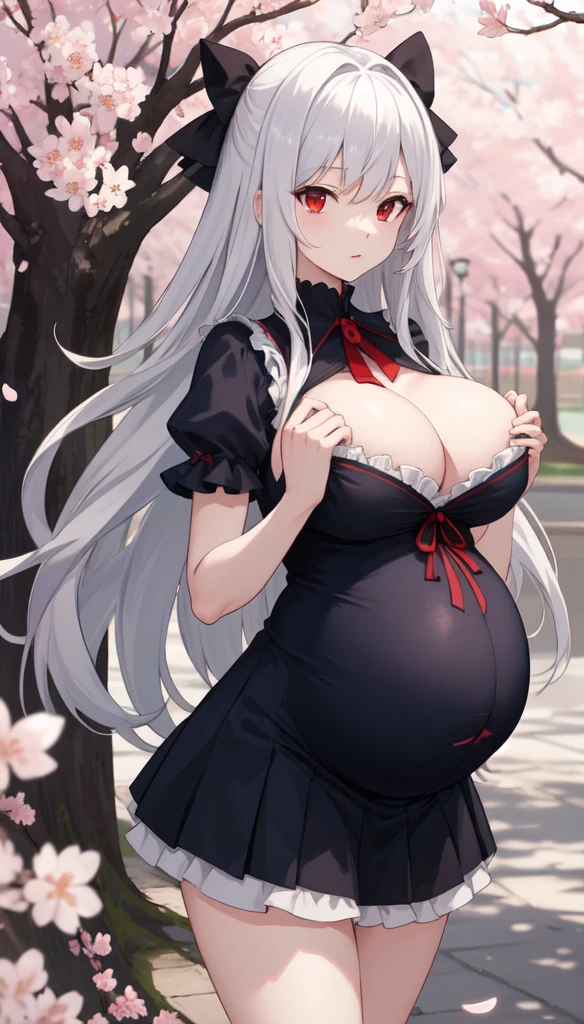 masterpiece, best quality, complex, Long hair, Silver Hair, Red Eyes, skirt, Ruffles, Gothic, Put your hands behind your back,
outdoor, Cherry blossoms, Depth of Field,Pregnant,Huge breasts