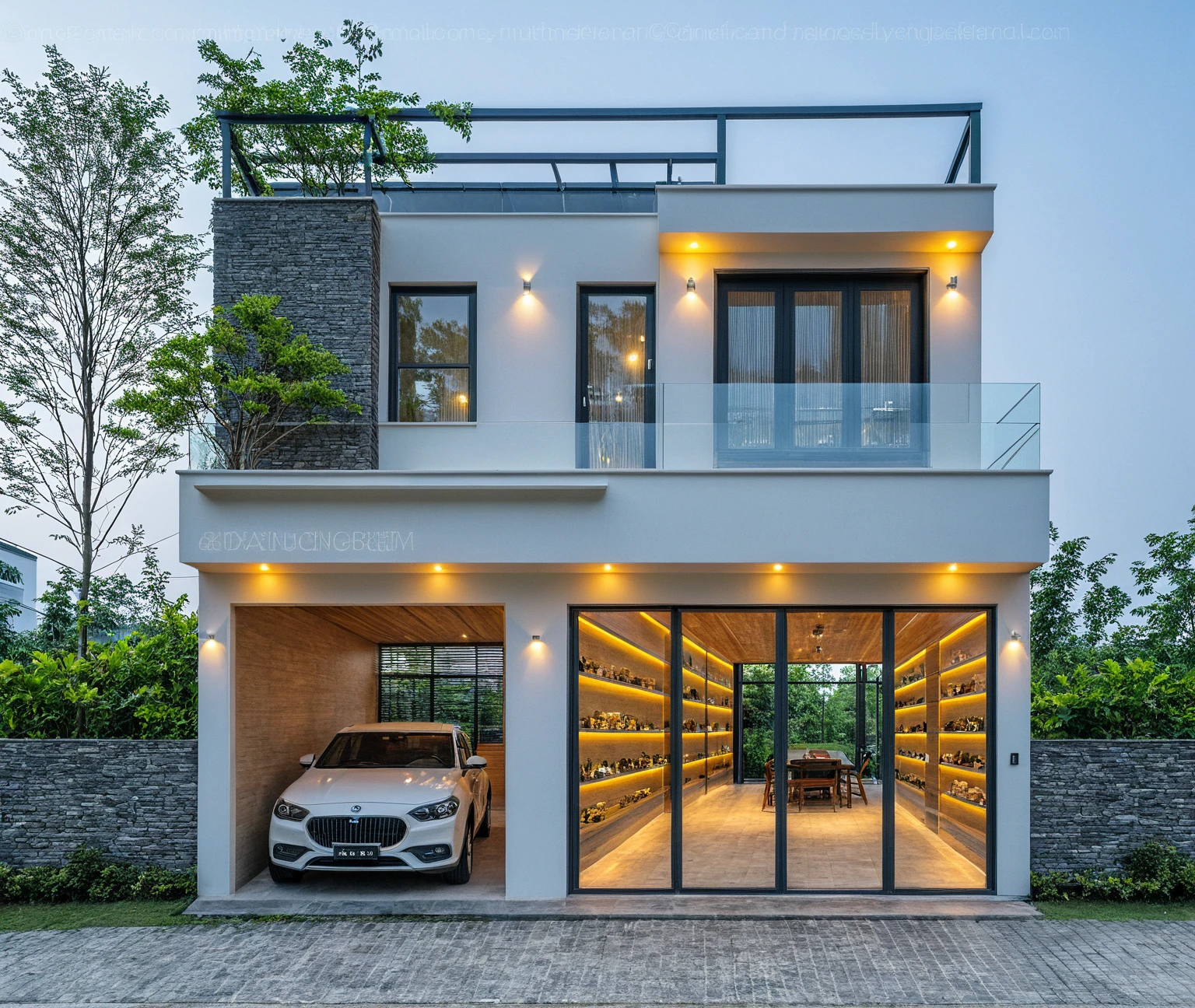 Two-story townhouse, Minimalist architecture, modern house, brightly painted walls, stone wall accents, xingfa aluminum glass doors. The canopy is made of durable iron glass. Vào buổi chiều, Construction lights are turned on and you can see the furniture, The first floor is where the business is located, The second floor is the residence. actual representation. surreal house