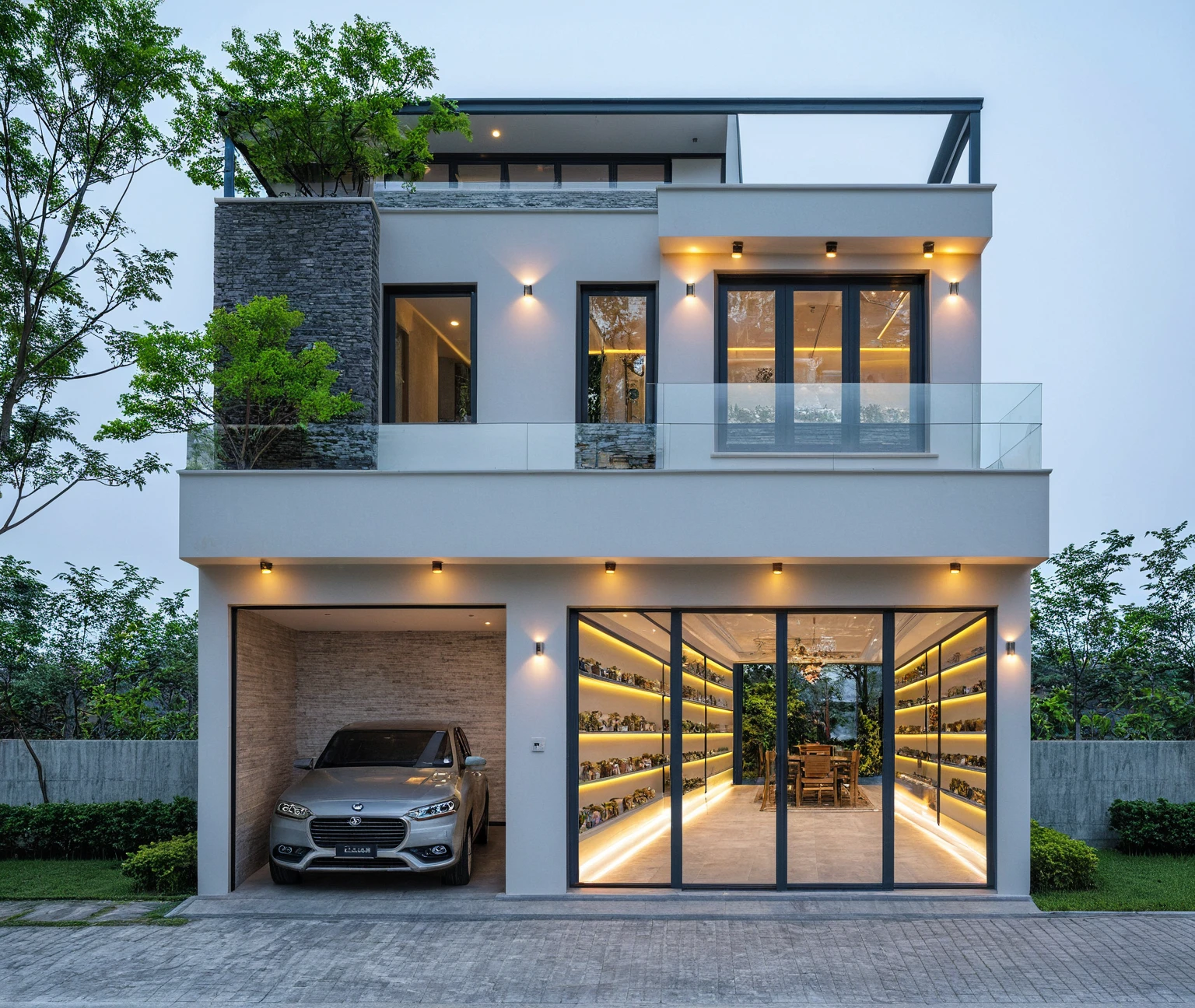 Two-story townhouse, Minimalist architecture, modern house, brightly painted walls, stone wall accents, xingfa aluminum glass doors. The canopy is made of durable iron glass. Vào buổi chiều, Construction lights are turned on and you can see the furniture, The first floor is where the business is located, The second floor is the residence. actual representation. surreal house