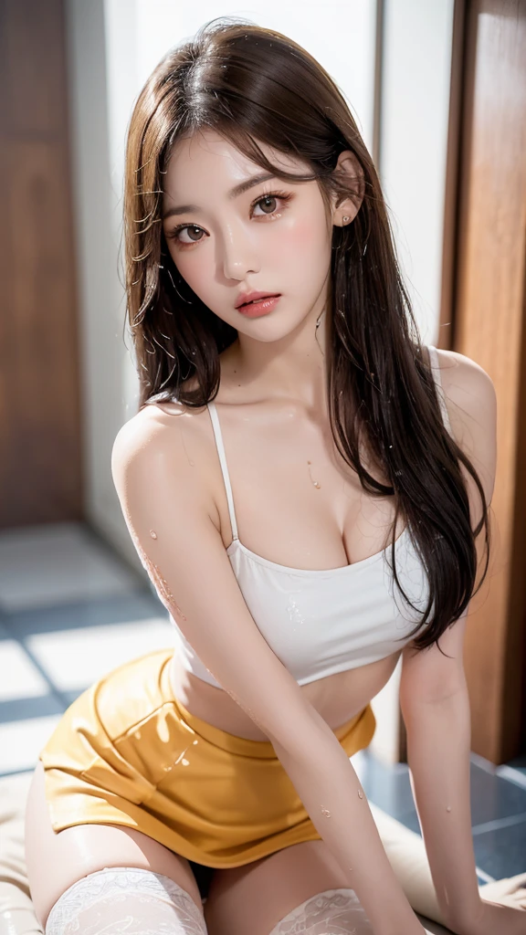 (best quality,4K,masterpiece:1.2),예쁜 female들,1 girl,raised to be sexy:1.1,dark yellow hair:1.1,female ,soggy ,very detailed face,detailed lips,detailed eyes,double eyelid,mini skirt, white stockings,get up