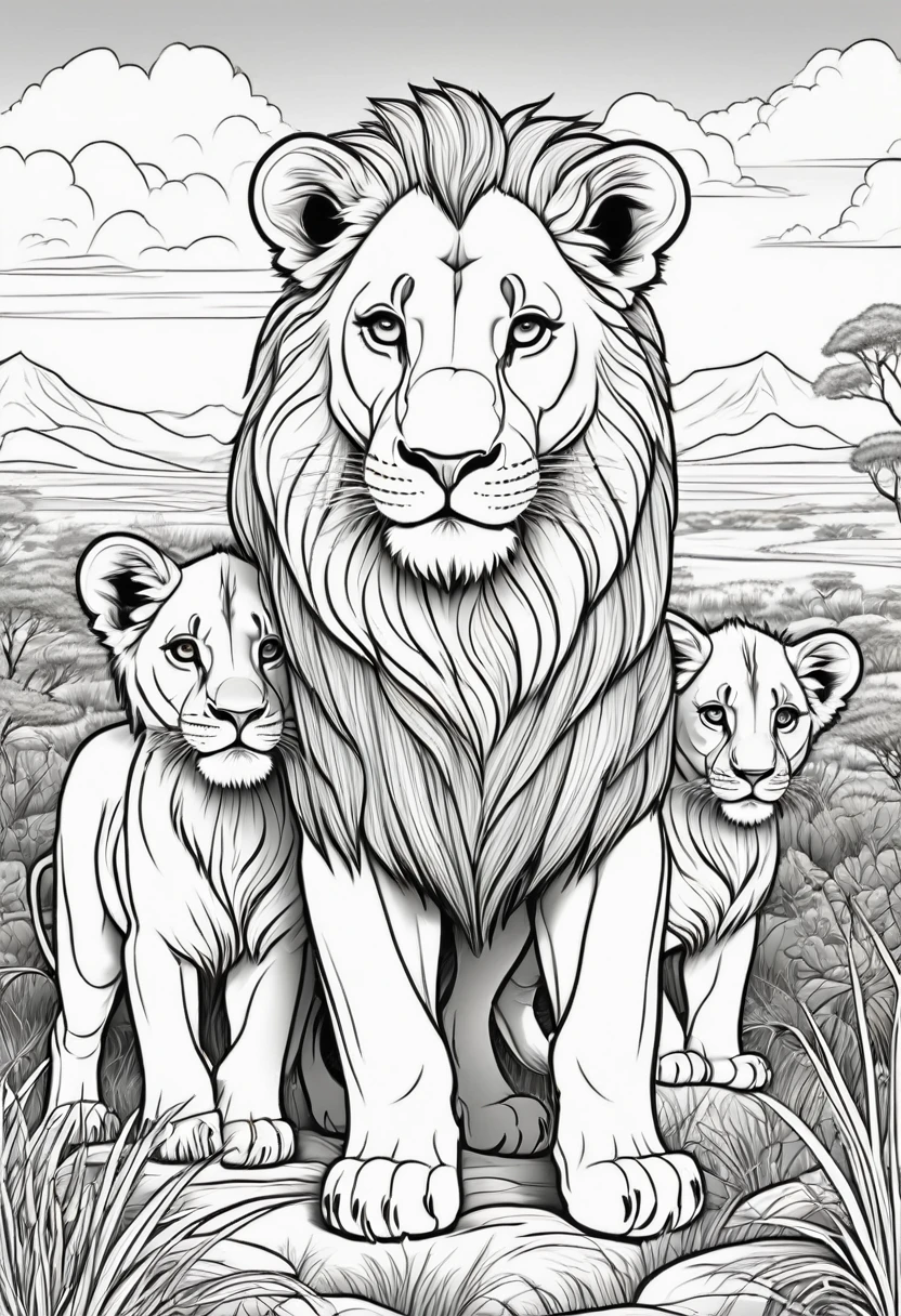 Coloring page for kids, Lion with 2 lion cubs in the grassy highlands of Africa with many bushes, cartoon style, linhas grossas