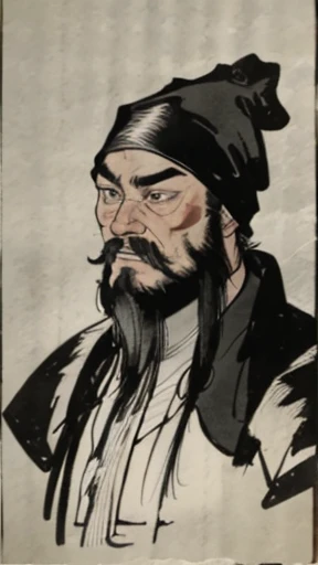 Three Kingdomonochrome)))、(((Tie your hair、Bearded young man in armor wearing a black swimming cap)))、（（Ancient Chinese Armor Men））、（Ink Painting）、Highest quality、masterpiece、Ultra-high resolution、(Realistic:1.4)、Game Poster、The Three Bearded Men of the Kingdom,Oriental、Three Kingdoms演義に見られるように々military commander、Crisp and beautiful image quality ,(Skin of color)、 gloves, Long trousers, (Very detailed, bloom:1.5), (Highest quality, Concept Art, 4K), (analog:1.2), (high sharpness), (Detailed pupil:1.1),,Detailed face and eyes, masterpiece, Highest quality, (Very detailed:1.1), 8k, photoRealistic, (PurerosFace_v1:0.2), [:(Detailed face:1.2):0.2], sharp,Realistic Shadow, 