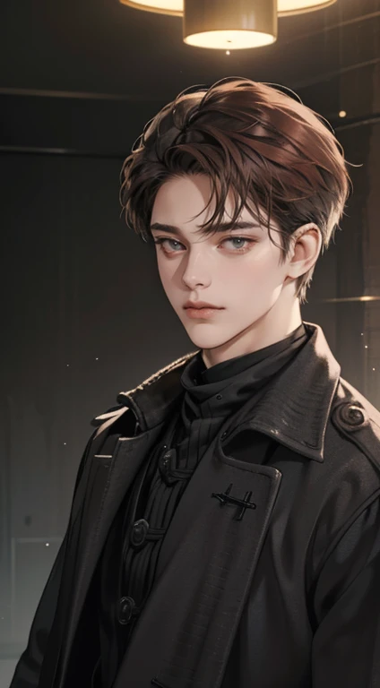 masterpiece, best quality, realistic, 1man, mature male, quiet and charming 1male, 30 years old, close his eyes, serious look, extremely detailed face, ((dark grey eyes)), ((short-right-swept dark red hair)), [thick eyebrows], detective, ((Dressed in a classic overcoat)), cinematic lighting, looking at the audience, posture dynamics.