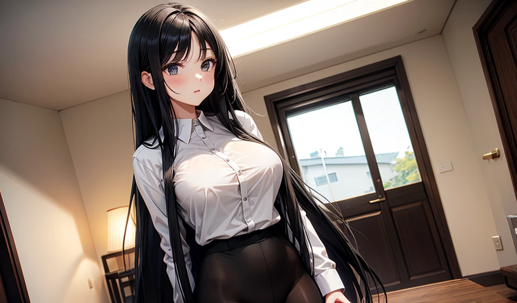 Adult woman with long black straight hair and huge breasts,White long sleeve open collar shirt,underwear,black pantyhose,Standing,indoor