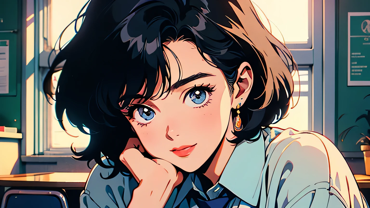 retro, city pop , anime, manga, short black hair, high school student, wearing a white shirt and blue tie, realistic and detailed, indoors with a bright window in the background, natural lighting, hand touching face, vibrant colors, expressive eyes, school ID badge, smile