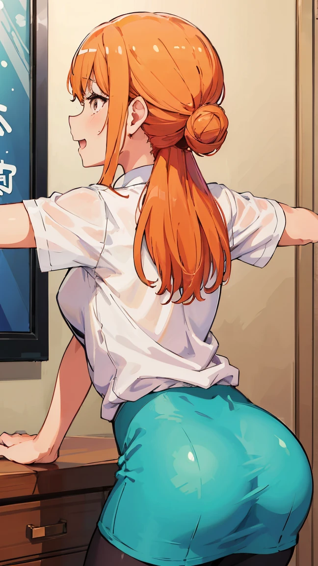 (Highest quality, 8k, masterpiece :1.3),Mrs. Yuigahama,ガハMom, As I expected, my youth romantic comedy is wrong。, One woman,Bun Hair,30 years old,Mom,Orange Hair,orgasm,Sexy pose,back,Big Ass,leggings,透けるTbackパンツ,