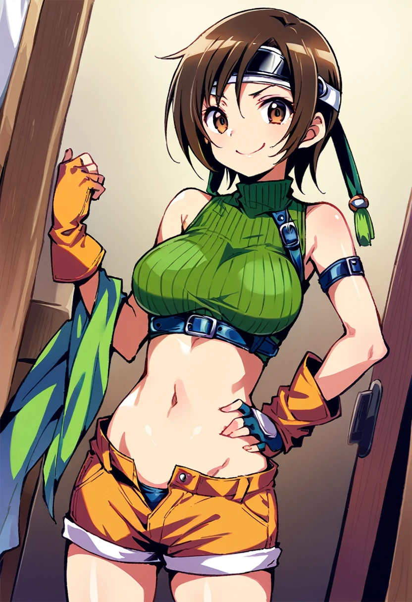 score_9, score_8_up, score_7_up,,BREAK , top angle:1.2.,mediumshot,(Standing pose),soro focus,1girl, yuffie kisaragi, final fantasy, short hair,headband,navel,sleeveless,turtleneck,brown eyes,sleeveless turtleneck,solo,breasts,looking at viewer,smile,gloves,crop top,brown hair,shorts,midriff,,sweater,open fly,armor,fingerless gloves,ribbed sweater,medium breasts,,smile,smug,best quality,aesthetic,very aesthetic,masterpiece,high-resolution, (Proportion).,