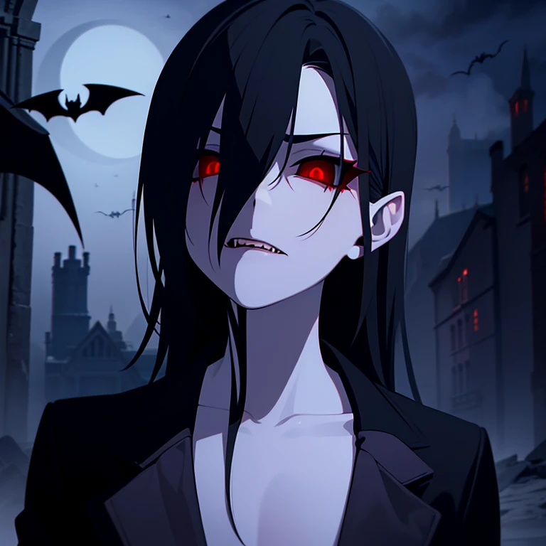 Masterpiece, best quality, Dark, One vampire boy, Solo, Rotten skin is pale, Sharp fangs, Red eyes, (Blood dripping from the mouth, Strong gaze, has short black hair, wears suit, Moonlight, gothic environment, Shadows, Mist, Bat wings, Ancient castle, Vampire fangs, Pale moonlight,  Transformation, bloodthirsty, Fangs pierce the skin, Vampire bites, creepy atmospher, Bats fly, Night, elegant, mysterious