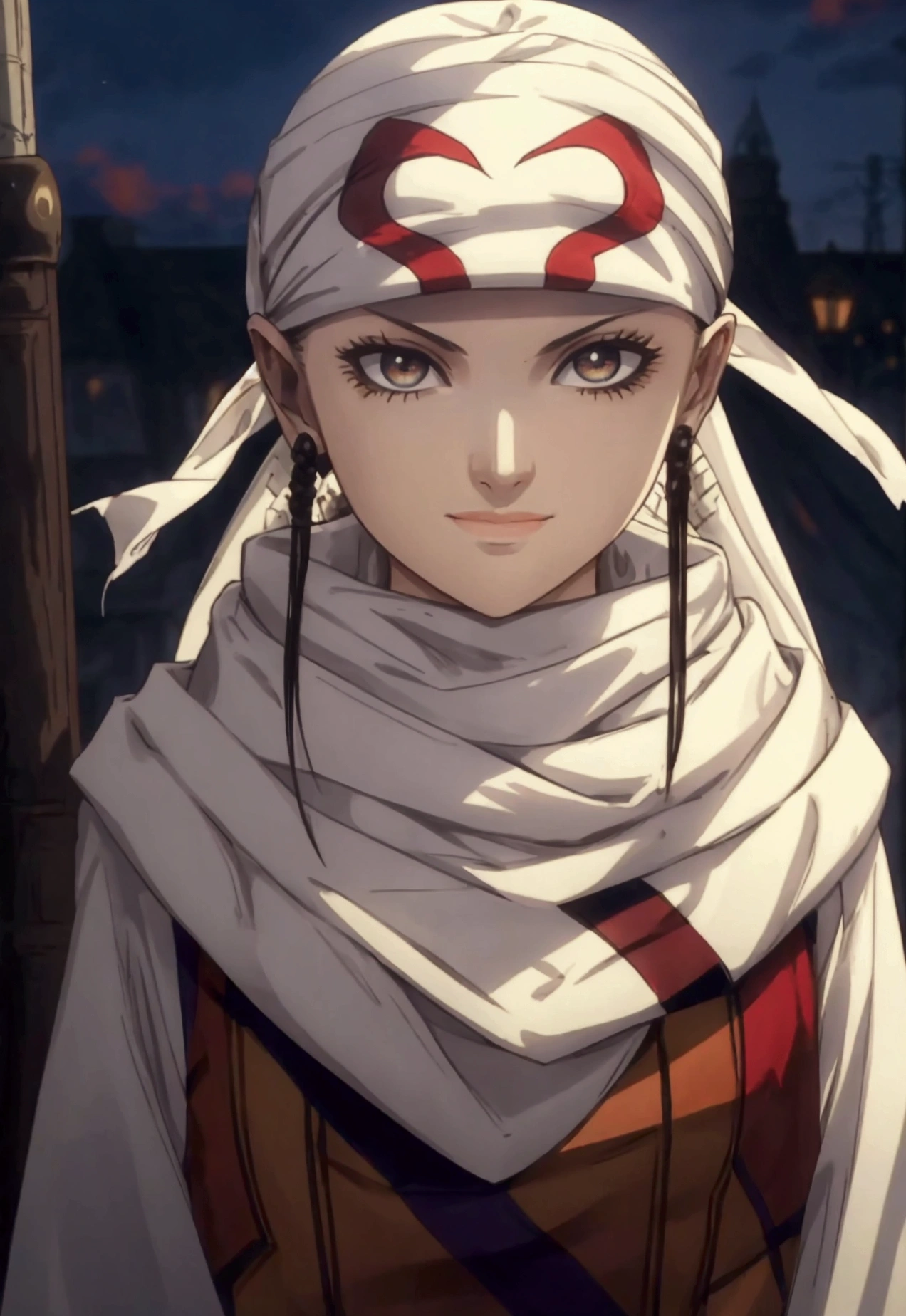beautiful girl standing evil smile crazy look cowl bandana on forehead