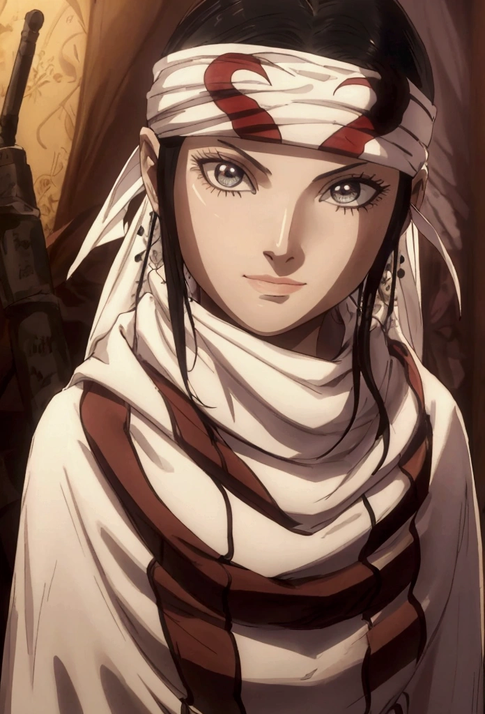 beautiful girl standing evil smile crazy look cowl bandana on forehead