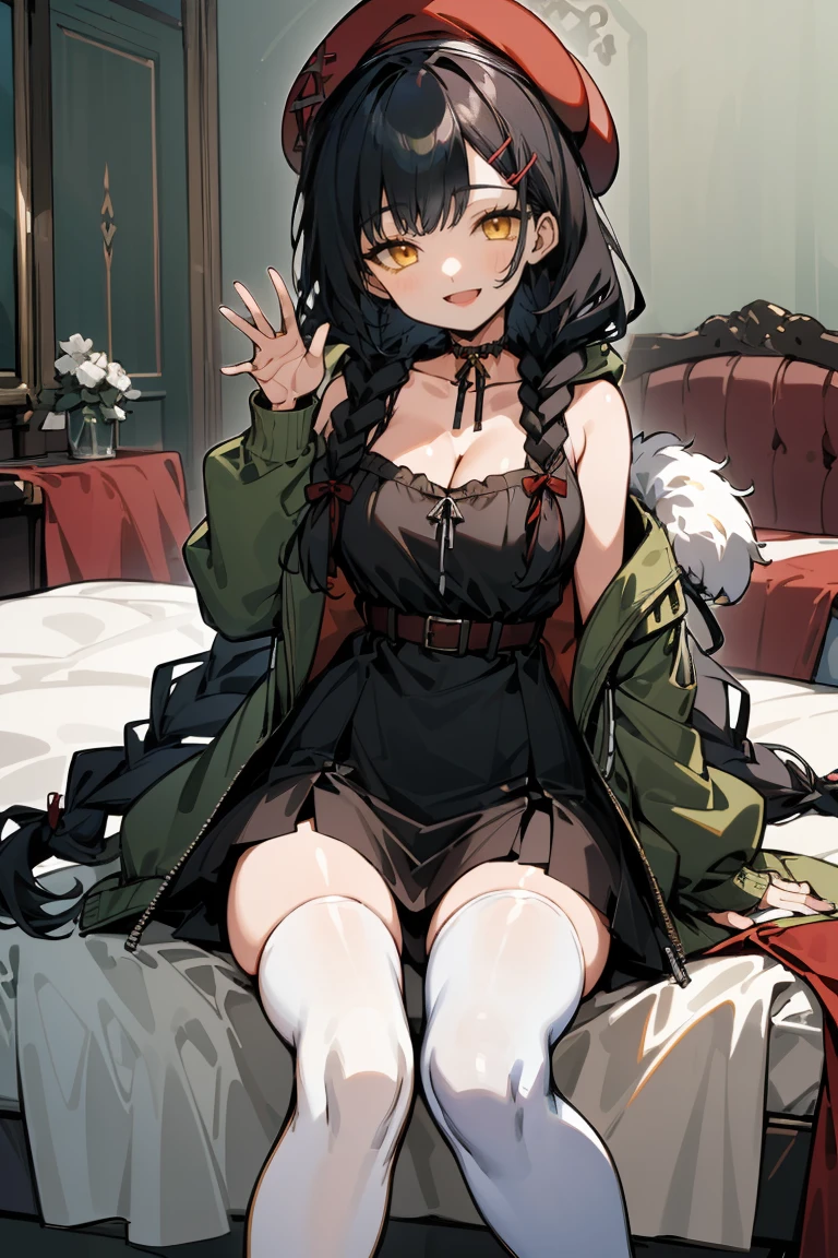 (masterpiece:1.2), (high quality:1.2), girls with((1girl, solo, black hair, yellow eyes, smiling, (wavy long hair, wearing a red beret, hairclips, braids:1.45), bare shoulder, blush, breasts, choker, cleavage, coat, cowboy shot, long dress, blue lace dress, camisole, white panniers, ribbon waist belt, black ribbon belt, red bow, red ribbon, neck ribbon, collar, collarbone, rosary, rosary choker, cross, fur, fur trim, parka, khaki hoodie, green hoodie, khaki jacket, hood down, hooded coat, hooded jacket, hoodie, jacket, large breasts, long sleeves, medium breasts, open clothes, open coat,open hoodie, sleeveless, winter clothes, zipper, cleavage, upper body, hand up, waving, palm, white thighhighs, single thighhigh, exposed legs, exposed foots, left thighhigh, solo, legs, high heels, sittings)), background with((bedroom, room:2.0))