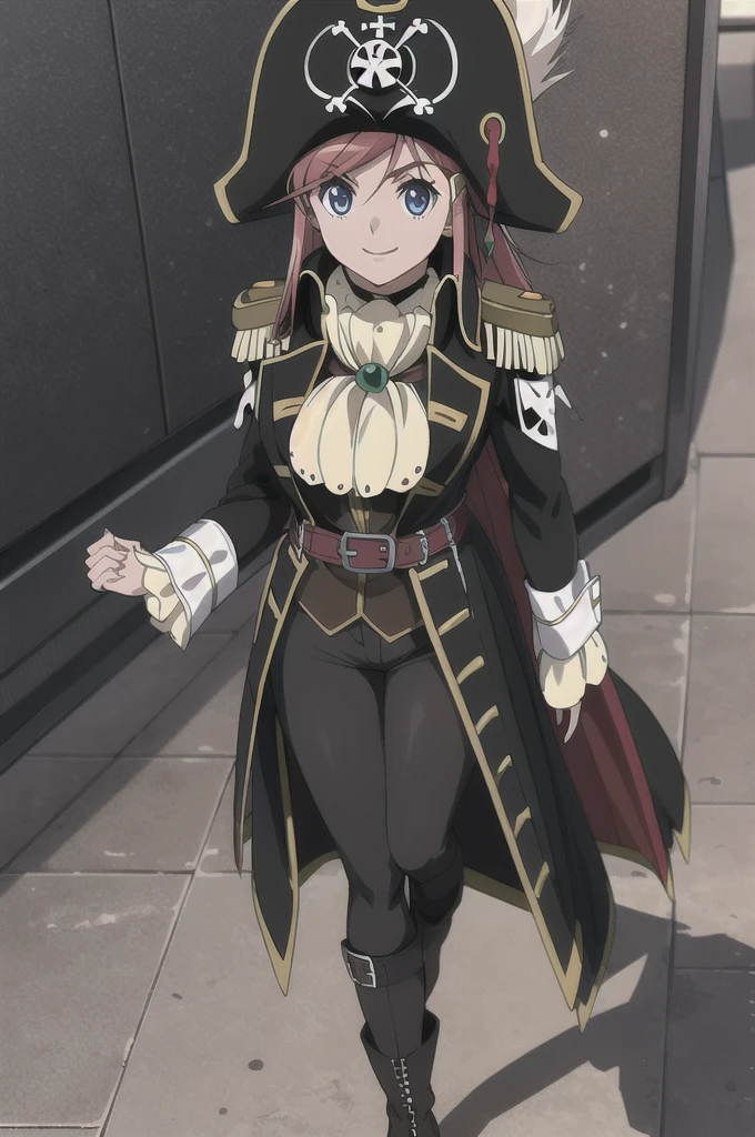 masterpiece, best quality, 1girl, detailed face and eyes, full body, big breasts, Katou Marika, (black pirate costume), belt, (black pants), (black boots), (black pirate hat), smile