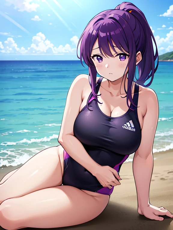 Shot on the beach,Photograph the whole body,Nagisa Kubo, One girl,Purple Hair,Purple eyes,Medium Hair,Short ponytail,Big Breasts,Cleavage,Show your vagina,Black competitive swimsuit,Adidas Logo