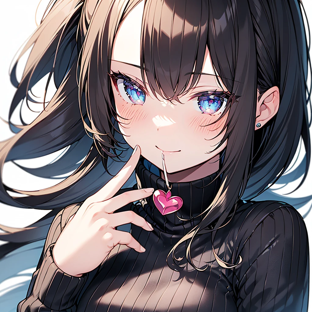 ((finger to mouth)) ((masterpiece, best quality, ultra detailed face)) 1 girl, cute, beautiful, perfect fingers, smile, black hair, long hair, portrait, heart, white background, sweater,