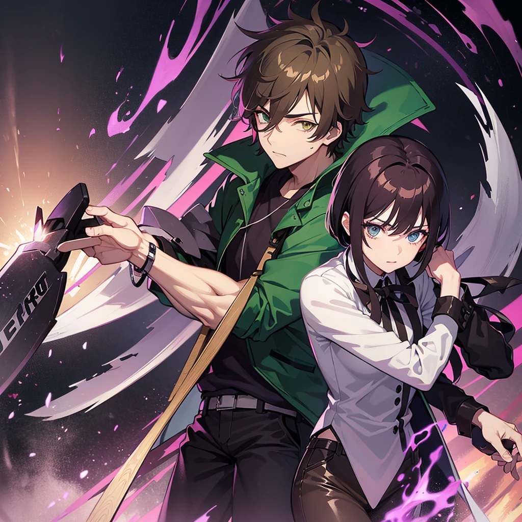 An anthrogenic question with short dark brown hair and Heterochromia in green and purple eyes. Chainsaw Man anime style.