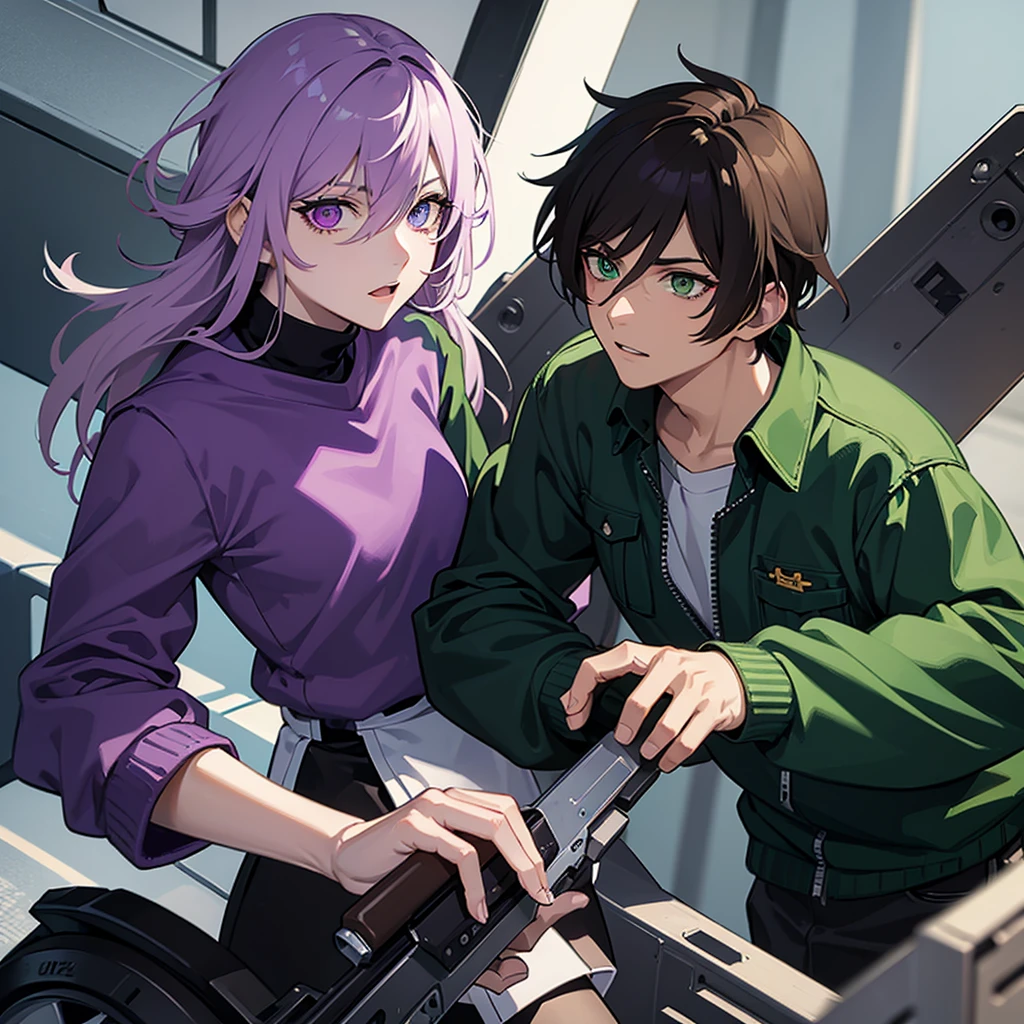 An anthrogenic question with short dark brown hair and Heterochromia in green and purple eyes.  Chainsaw Man anime style.
