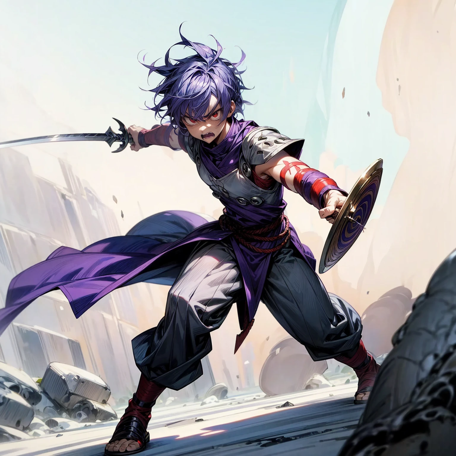 Full background, red eyes, angry, angry eyes, angry mouth, Curly hairstyle, purple colour hair, motion blur, lighting, (Hunter x Hunter style art)