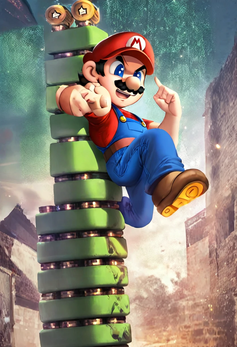 Gangsta Mario, with his left hand, stacking up W using his fingers, using typical Super Mario level for background.