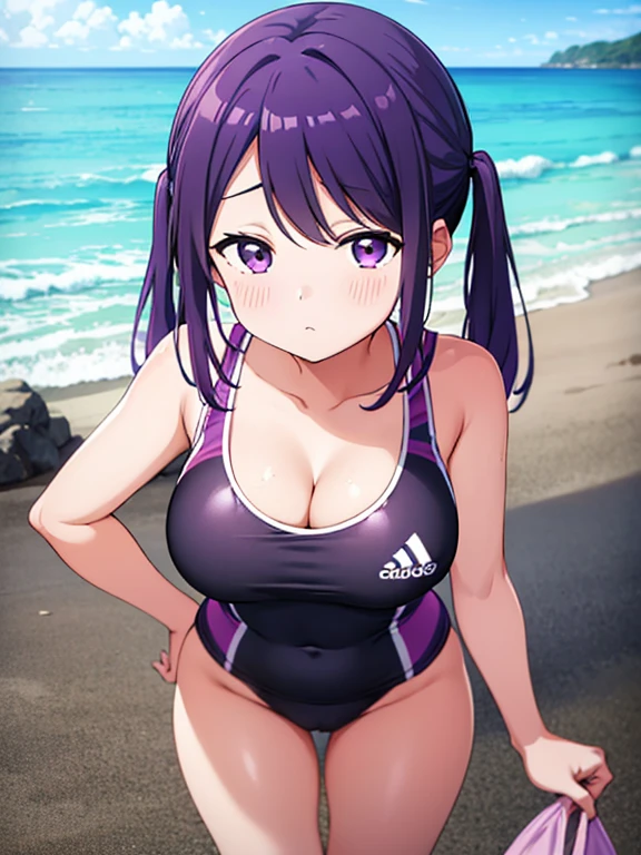 Shot on the beach,Photograph the whole body,Nagisa Kubo, One girl,Purple Hair,Purple eyes,Medium Hair,Short pigtails,Big Breasts,Cleavage,Show your vagina,Black competitive swimsuit,Adidas Logo
