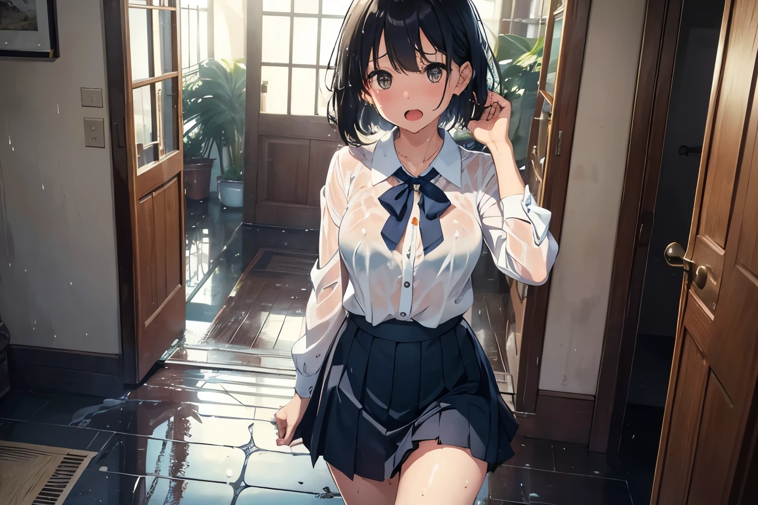 high resolution,high quality,Perfect body,Full face,(One Girl),entrance,Entrance to the house,indoor,blouse,White blouse,Pleated skirt,Navy Blue Skirt,(Checked skirt),My whole body is wet,Wet hair,The blouse is wet,The skirt is wet,Feet are wet,(My whole body is wet),short hair,Chestnut Hair,Water dripping from the hair,Sulky look,Screaming,口を大きく開けている,from the front