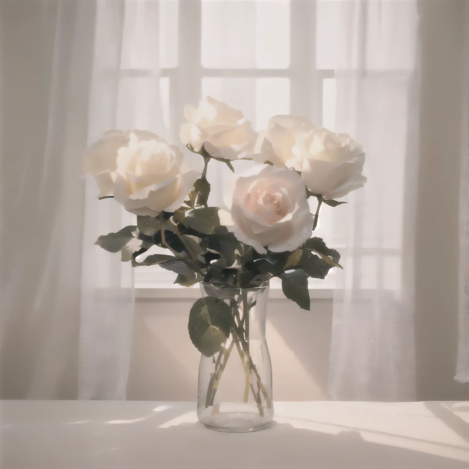 Product picture of a simulated rose，masterpiece，best quality，Best shadow，With Nordic simple solid color style，pure white walls，The soft sunlight shines through the soft gauze curtains，Log table，Exquisite details，Realistic style，Professional soft lighting，Simple and advanced