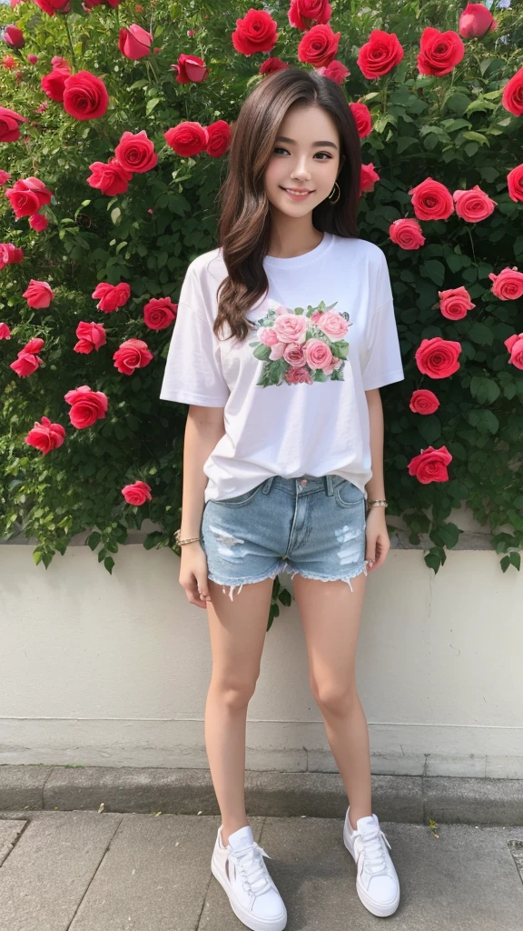 masterpiece, Young and beautiful girl, smile, Looking into the camera, Standing in front of a group of roses, Wearing shorts and a T-shirt, White sneakers. Wear a top and shorts, Flowers, Full body photo, Casual pose, Thin legs