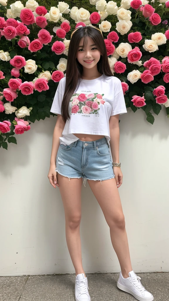 masterpiece, Young and beautiful girl, smile, Looking into the camera, Standing in front of a group of roses, Wearing shorts and a T-shirt, White sneakers. Wear a top and shorts, Flowers, Full body photo, Casual pose, Thin legs