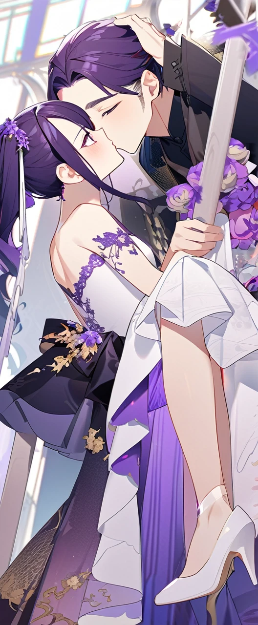 Male to female,Purple Golden Dragon Girl,design,性感Fun,White and purple lace hollow,紧身Fun,Wedding high heels,front,kiss,beautiful girl,Fun