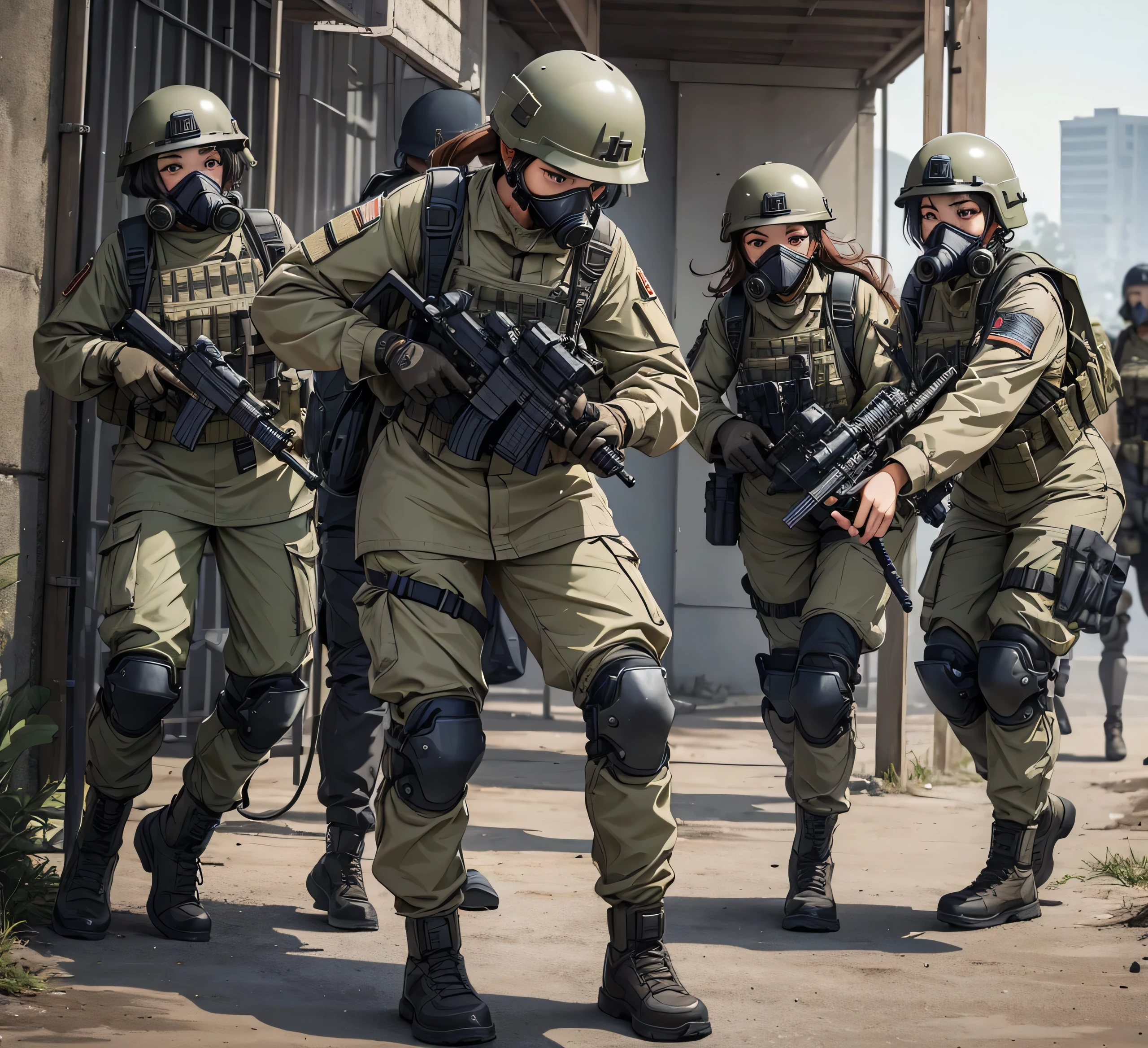 A group of female special forces shooting、All in beige combat uniform、Wear a steel helmet、Gas masks、Tactical harness、Knee pads、battlefield、Write details、masterpiece、best quality、Highly detailed CG、8K picture quality