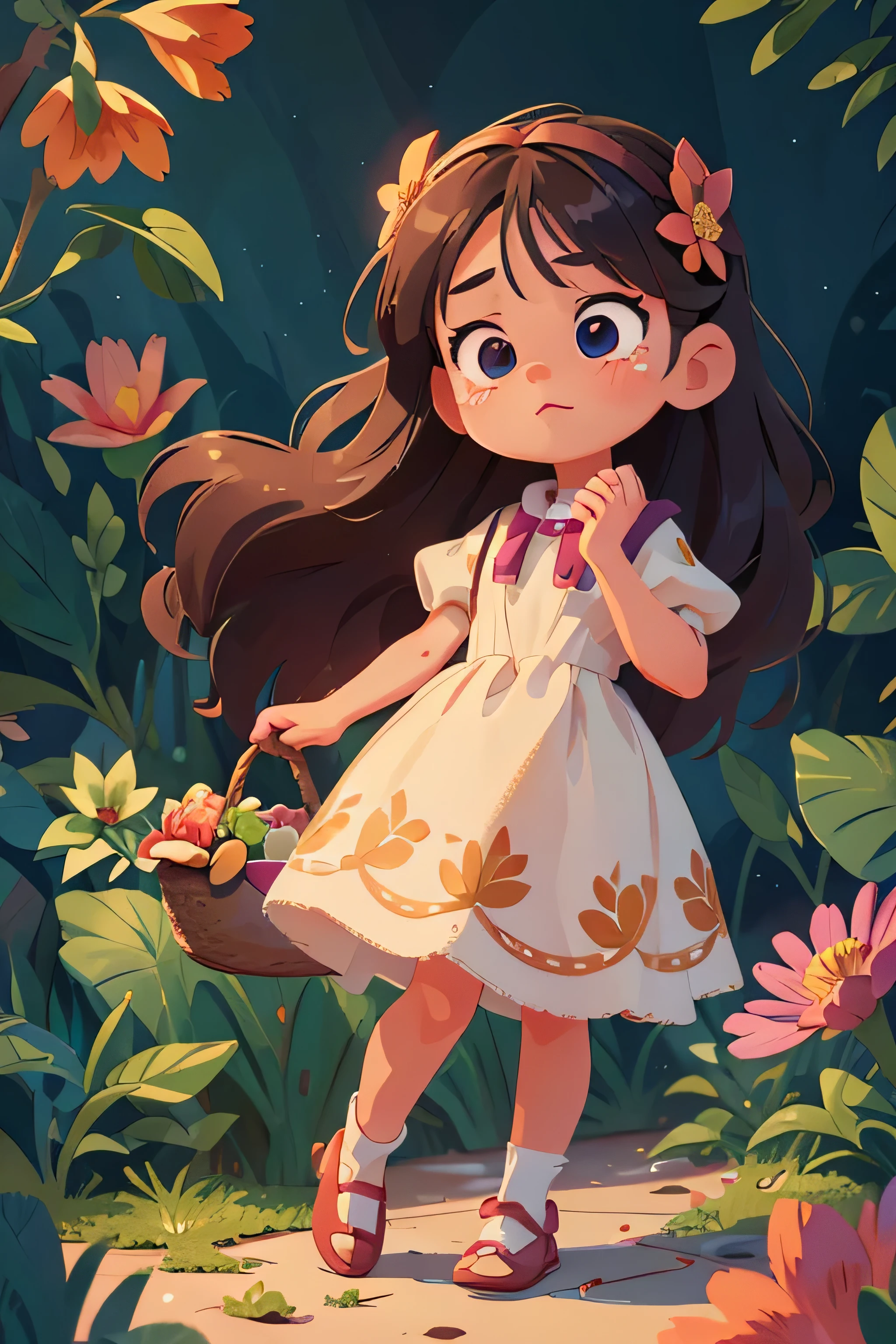 a small girl, cute face, extremely detailed eyes and face, beautiful detailed lips, kind personality, full body, vector art, illustrator art style, with pretty dress, storybook main character, holding an empty basket, basket with flower, front view, with long hair, cute hairstyle, interesting hairstyle, with standing pose, crying face, (best quality, 4k, 8k, masterpiece:1.2), ultra-detailed, vivid colors, soft lighting