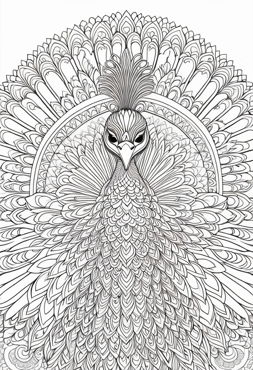 A striking black and white line art coloring page designed for adults with white background, featuring a majestic Indian Peacock in a mandala-inspired style. The Indian Peacock is adorned with intricate patterns that include floral and geometric designs, making it an engaging and detailed work of art. The illustration focuses on crisp, clean lines and bold outlines, without any shading or color, allowing the user to bring their own vibrancy to the piece. The minimalistic design, with its thick lines and absence of background details, creates a soothing coloring experience for adults seeking calming and creative activities. illustration