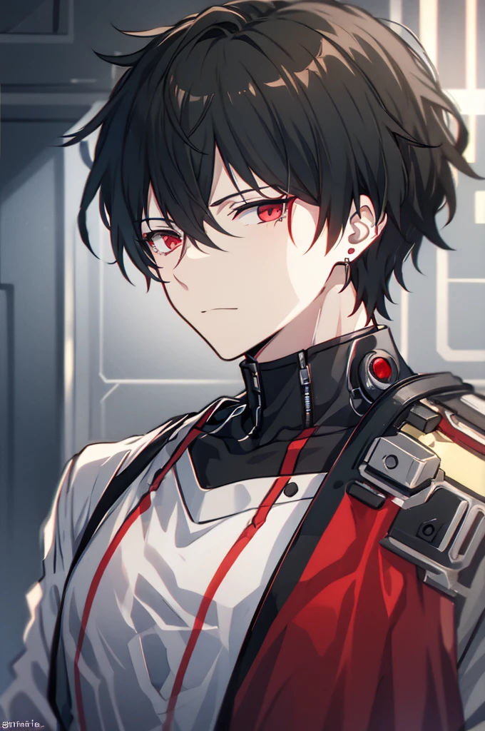 portrait, male, beauty, black hair, red eyes, cyberpunk, white coat, Intellectual, Leisure, small smile