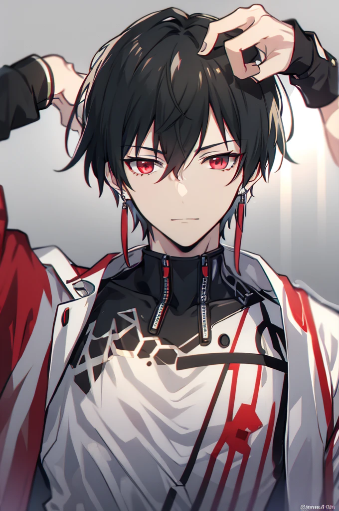 portrait, male, beauty, black hair, red eyes, cyberpunk, white coat, Intellectual, Leisure, small smile