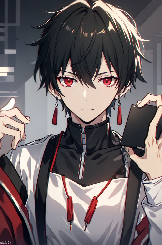 portrait, male, beauty, black hair, red eyes, cyberpunk, white coat, Intellectual, Leisure, small smile