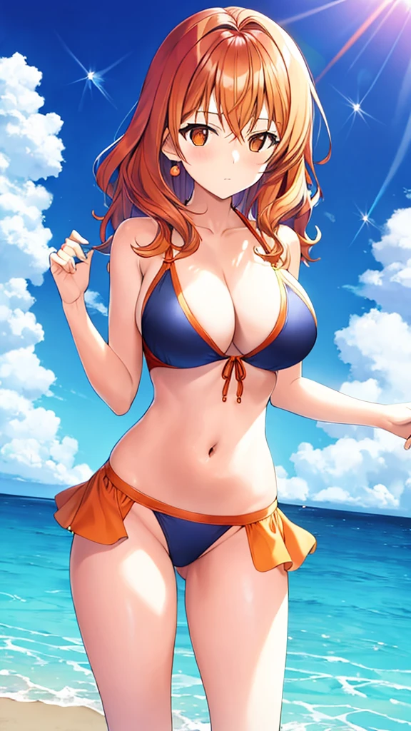 Swimsuit　Orange wavy hair　19 years old　Adult sister　Medium sized breasts　Directly facing　universe space