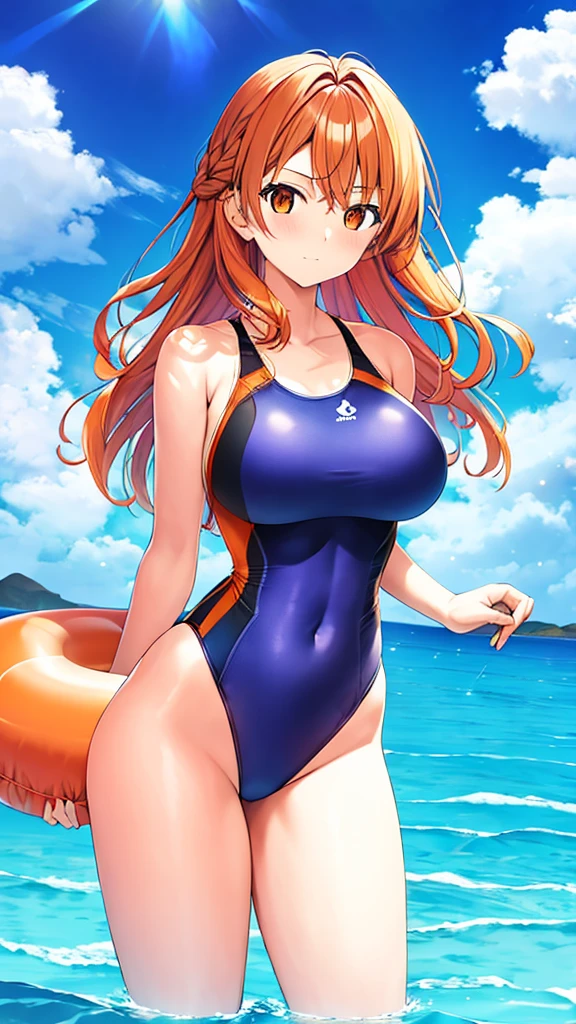 Swimsuit　Orange wavy hair　19 years old　Adult sister　Medium sized breasts　Directly facing　universe space