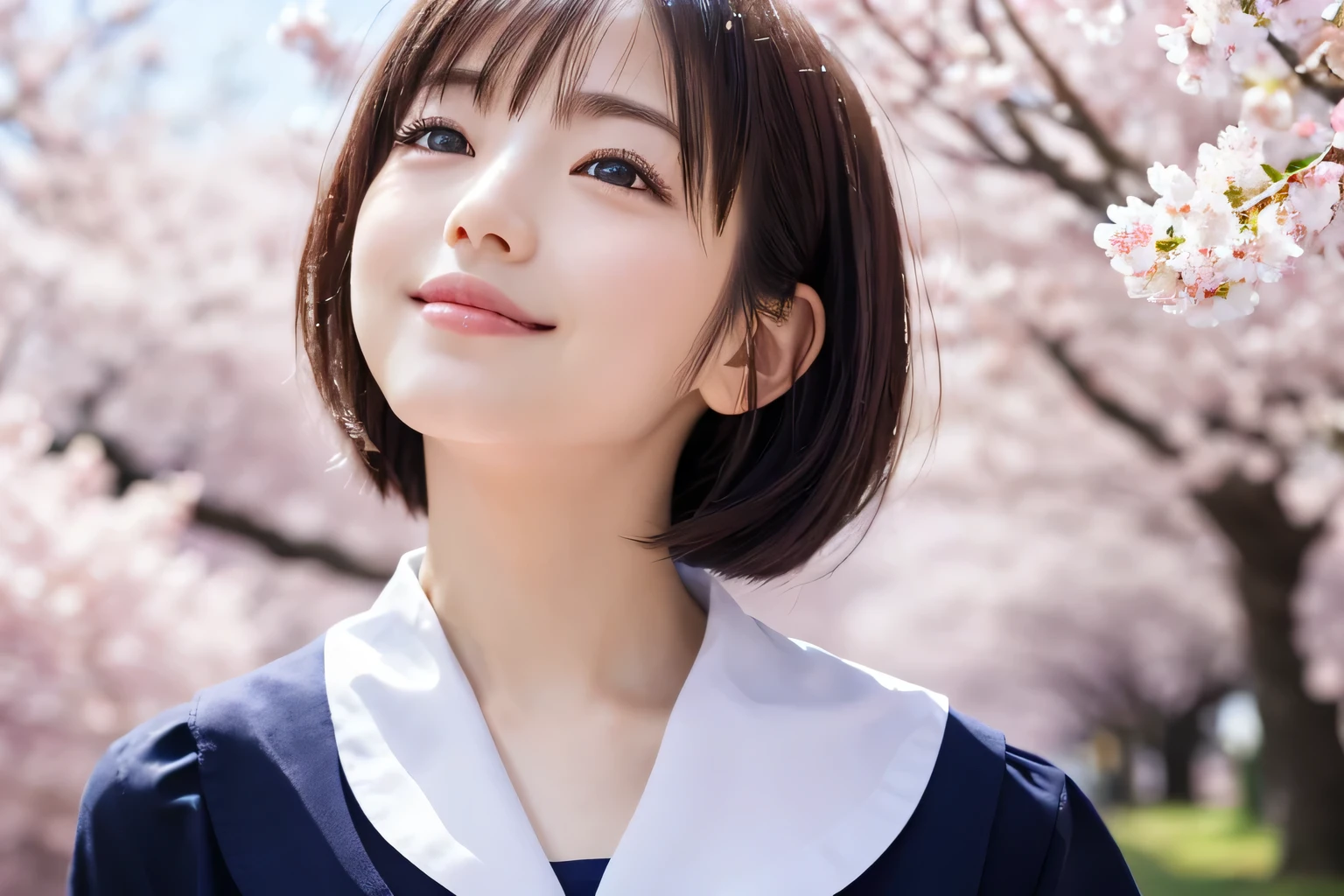 A beautiful girl walking along a road lined with cherry blossoms, (Highest quality:1.4), (Very detailed), (Very detailed美しい顔), (look up:1.6), japanese sailor suit, Great face and eyes, iris, Bob Hair, Black Hair, (Skinny body type:1.2), (Sailor suit, school uniform:1.2), Short sleeve, (Close-up of face:1.3), There are countless cherry trees in full bloom, smile, (From the side:1.3), Smooth, Very detailed CG synthesis 8k wallpaper, High-resolution RAW color photos, Professional photography, Light, BackLight, dream-like, impressive, Written boundary depth