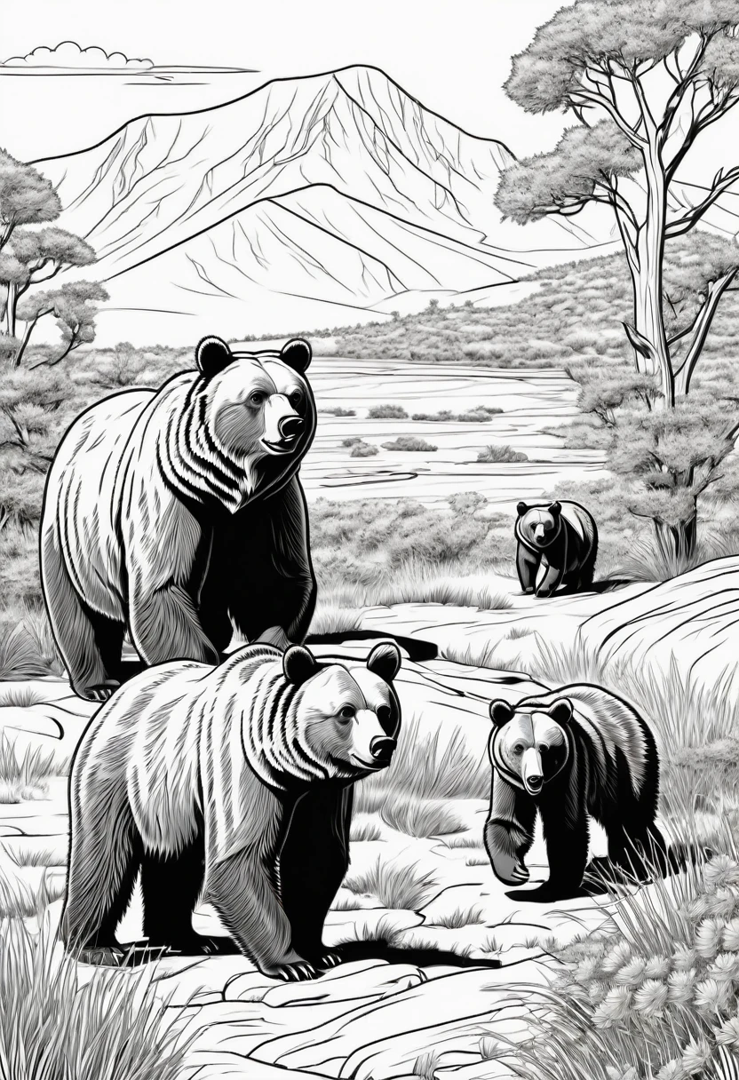 Coloring page for kids, Grizzly Bear with 2 Grizzly Bear cubs in the grassy highlands of Africa with many bushes, cartoon style, linhas grossas