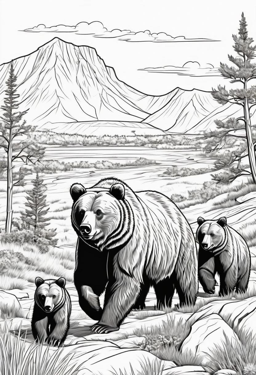 Coloring page for kids, Grizzly Bear with 2 Grizzly Bear cubs in the grassy highlands of Africa with many bushes, cartoon style, linhas grossas