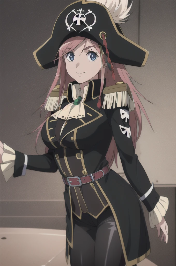 masterpiece, best quality, 1girl, detailed face and eyes, full body, big breasts, Katou Marika, (black pirate costume), belt, (black pants), (black boots), (black pirate hat), smile