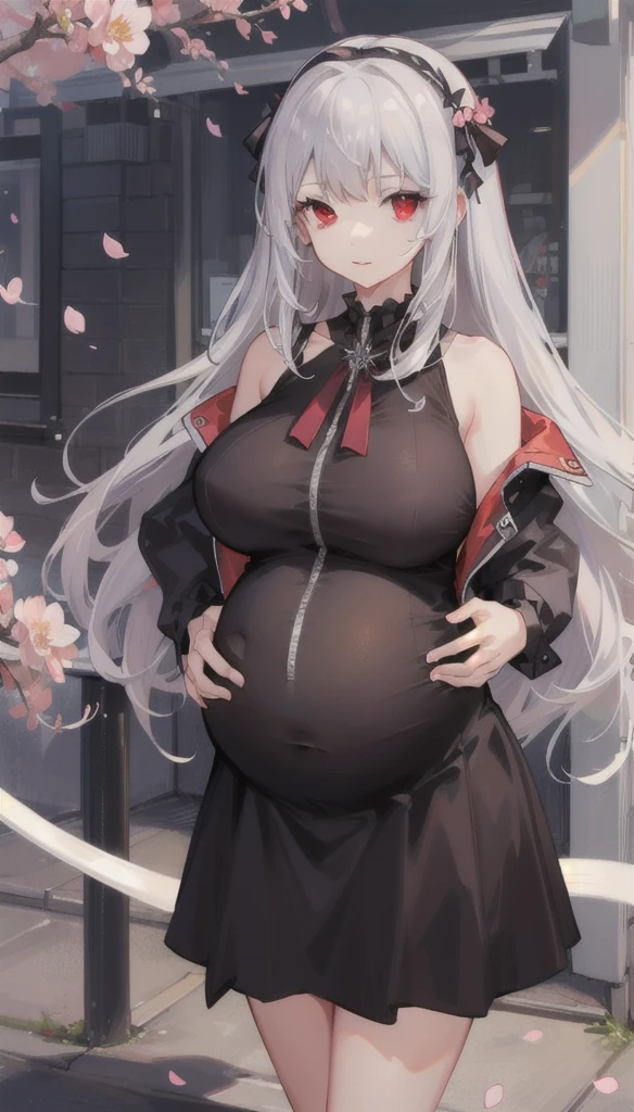 masterpiece, best quality, complex, Long hair, Silver Hair, Red Eyes, skirt, Ruffles, Gothic, Put your hands behind your back, 
outdoor, Cherry blossoms, Depth of Field,Pregnant，Huge breasts