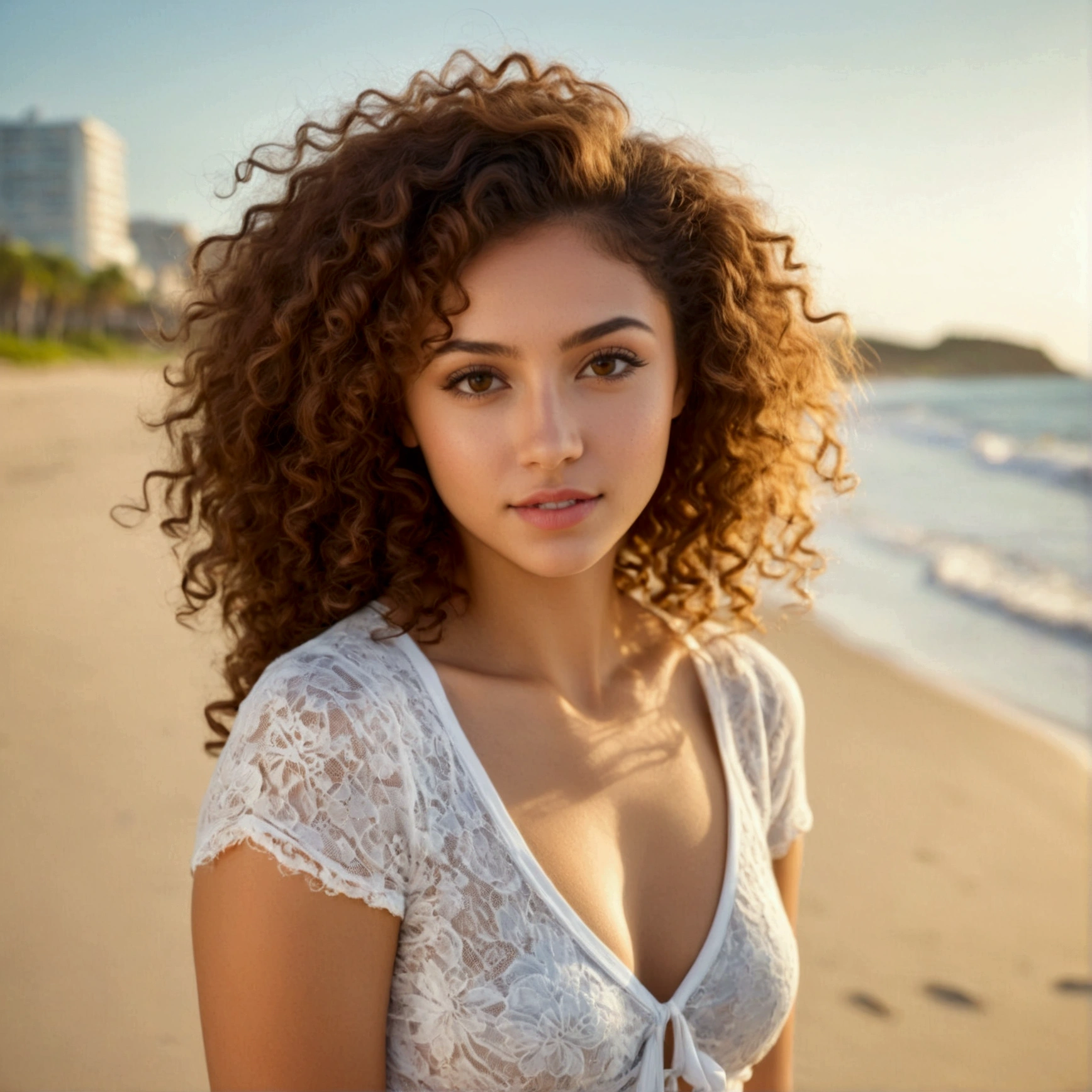 Beautiful and sexy woman, Age 25 years old, Brown curly hair, Light skin, Short sexy top, At the Beach 