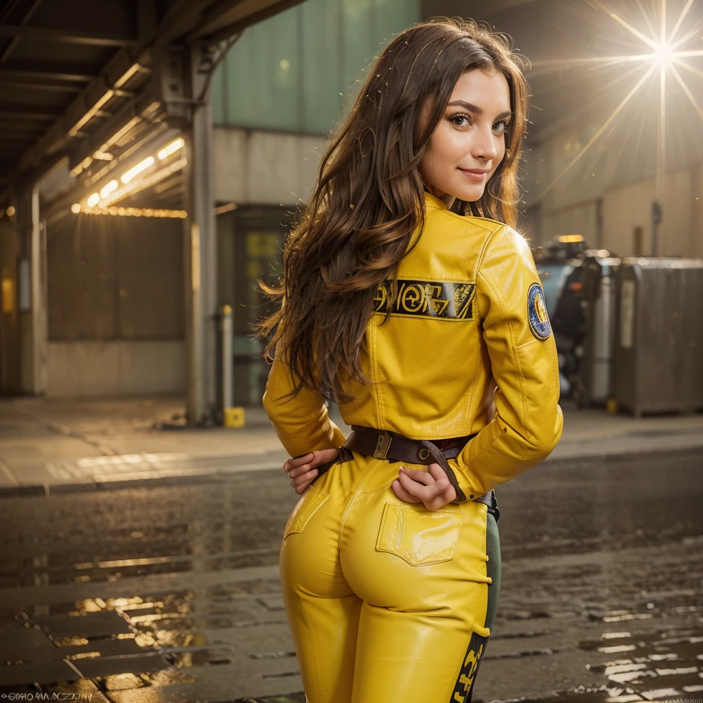 photo of a girl with wavy brown hair and light green eyes she has large breasts and a narrow waist, award winner), very long legs, wearing yellow leather pants and a yellow jacket with a dragon print on the back, white Ducati motorcycle, foggy and burning city, smoke, explosions), water splashes, particles, 5mm, F/2.8, ((Photo focus, DOF, Aperture, insanely detailed and intricate, character, hypermaximalist, revealing, eye-catching, eye-catching, captivating, hyper-realistic, super-detailed, heretical highlights)) (DOF, blurred background, sunset in the background) (Lens flare: 1.3), (Heresy flare: 1.4), smiling, standing