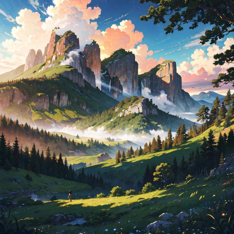 backdrop of far distant green mountains and forests with lush greenery north American terrain and landscape, north American countryside landscape, high detail, landscape wallpaper, hd country scape, scenic landscape, scenery, for real, Beautiful and stunning landscape oil painting, 4k hd, beautiful art uhd 4 k, a beautiful artwork illustration, beautiful digital painting, highly detailed digital painting, beautiful digital artwork, detailed painting 4 k, very detailed digital painting, rich picturesque colors, gorgeous digital painting, saturated Hayao Miyazaki Studio Ghibli&#39;Petal grassland with blue sky and white clouds--v6, no humans, no lakes, no rivers, no body of water, no close up trees, no roads, no village, no town