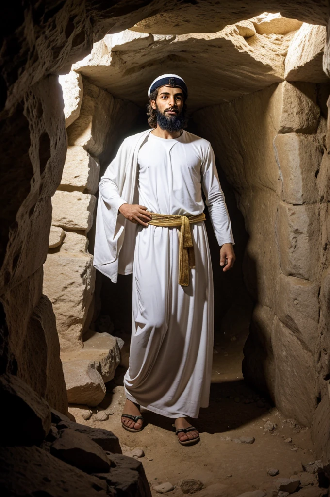 An image showing Prophet Muhammad in a cave on Mount Hira, with a divine light representing his first revelation from the angel Gabriel