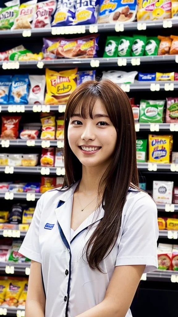 (Highest quality:1.5), (Real:1.4), (Ultra high definition:1.4), (No correction:1.4), (18-year-old girl), (1 Japanese girl with flat chest in eighteen years old), (flat chest), skinny face, (Beautiful skin), (bangs:1.1), (Convenience store uniform), (), (), (18 years old flat chest girl with Convenience store uniform is standing in the convenience store), (front view of a girl:1.1), (Inside a convenience store), (Upper Body), (smile), (Turn your body forward:1.1), (flat chest:1.1), (upright:1.1), (Portrait:1.1)